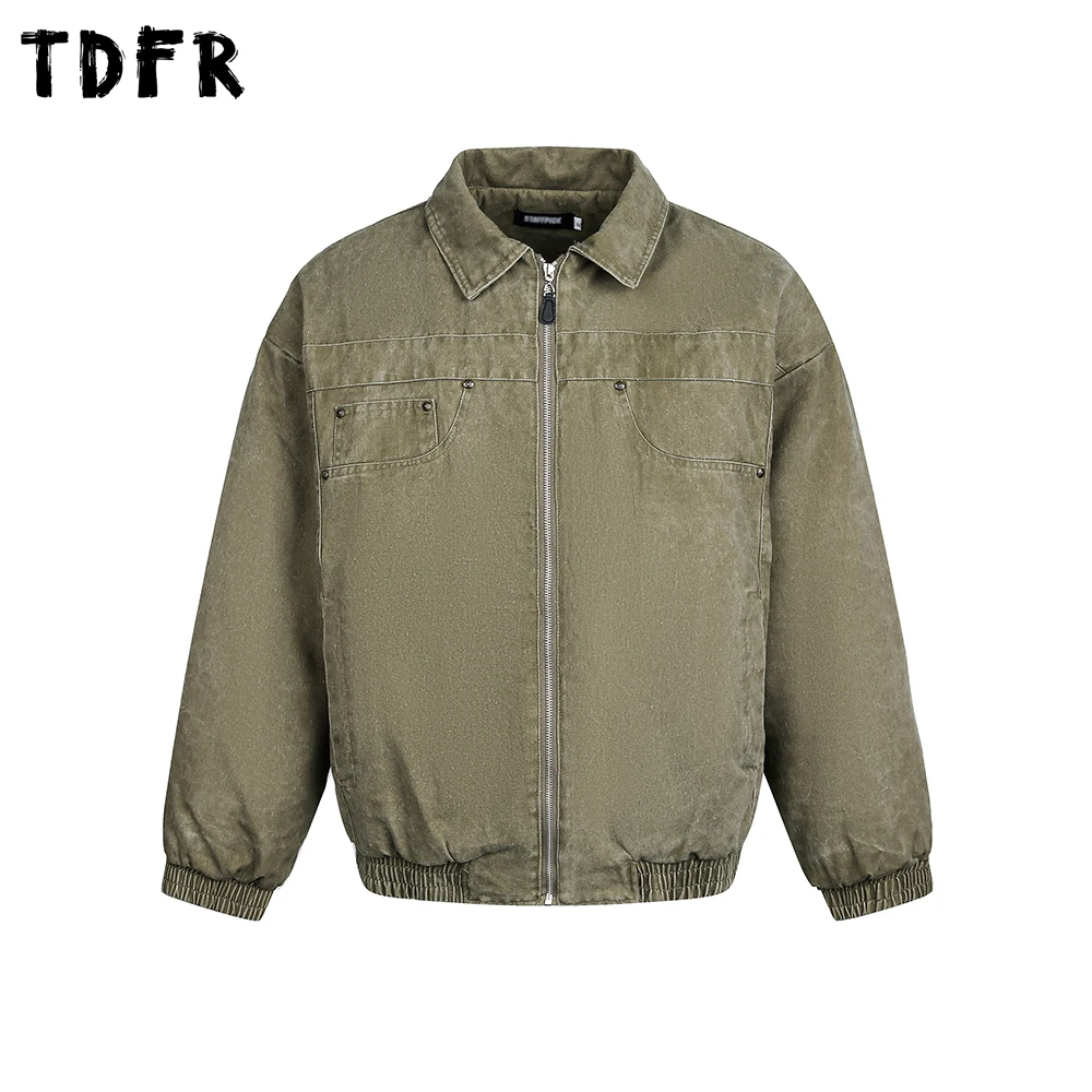 

Стеганая куртка-карго в стиле ретро, мужская зимняя карманная зимняя стираная толстая верхняя одежда с длинными рукавами и рваными лацканами