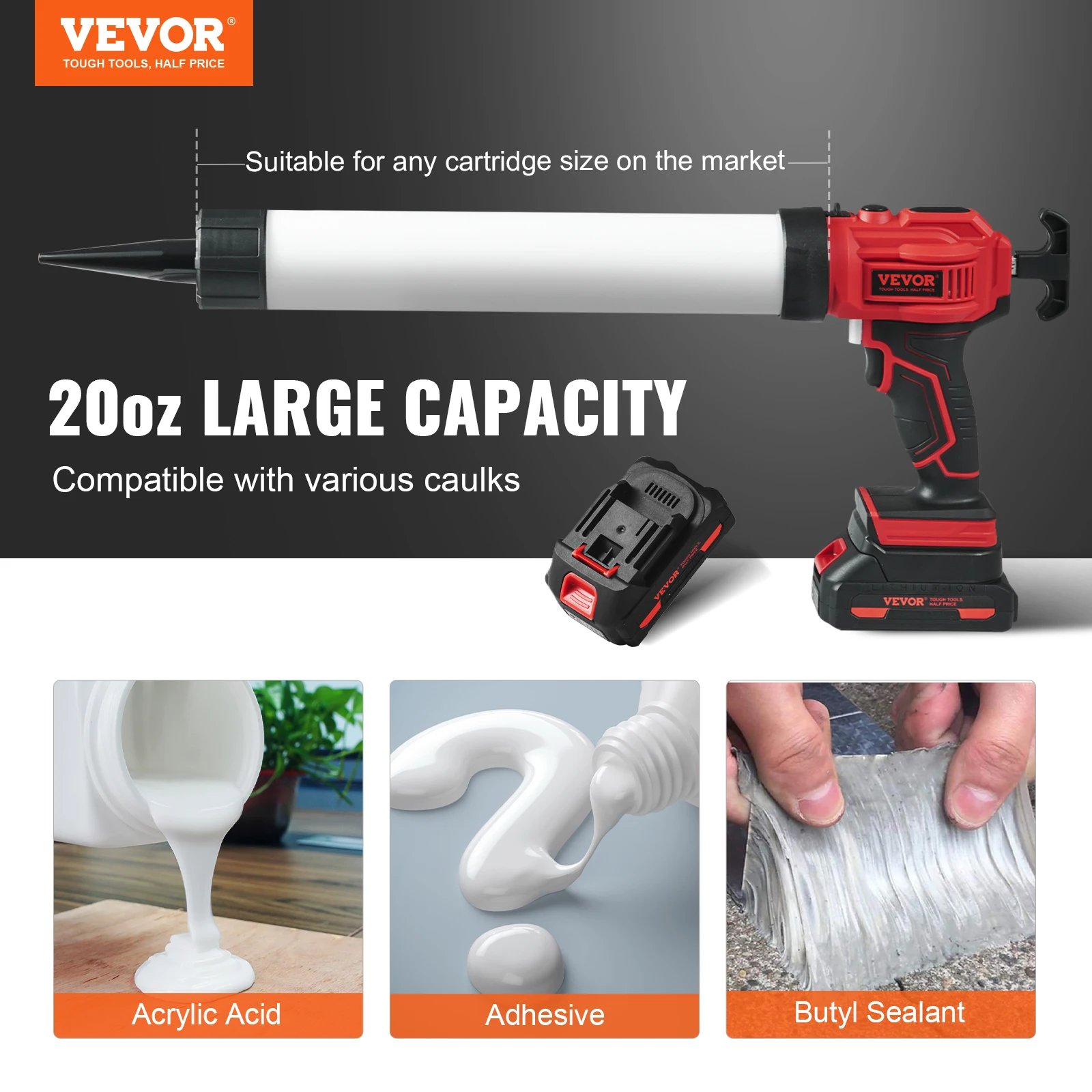 VEVOR Cordless Caulking Gun 20oz/600ml 20V Electric Sausage Caulking Gun with 4 Adjustable Speeds Anti-Drip Battery Powered