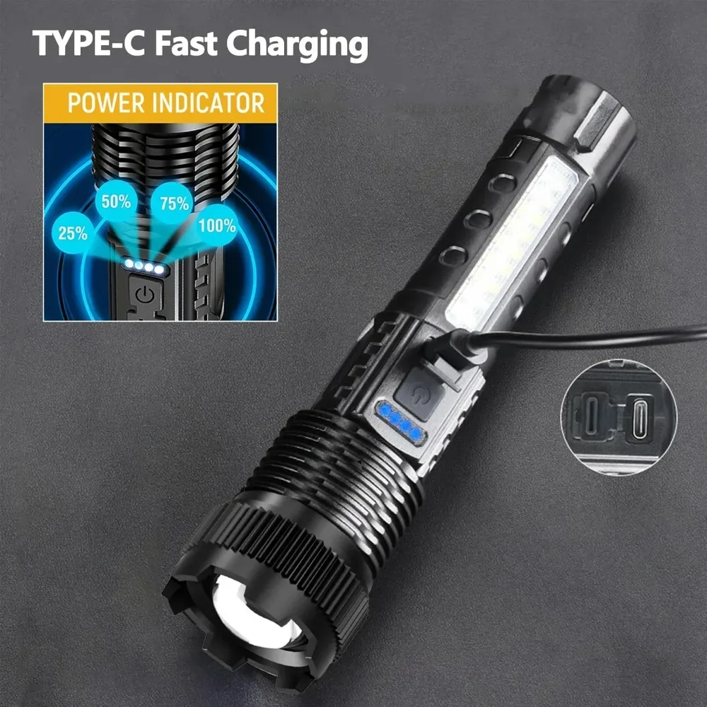 Super Bright LED Flashlight USB Rechargeable Torch with Built-in Battery Outdoor Waterproof Emergency Fishing Powerful Lantern
