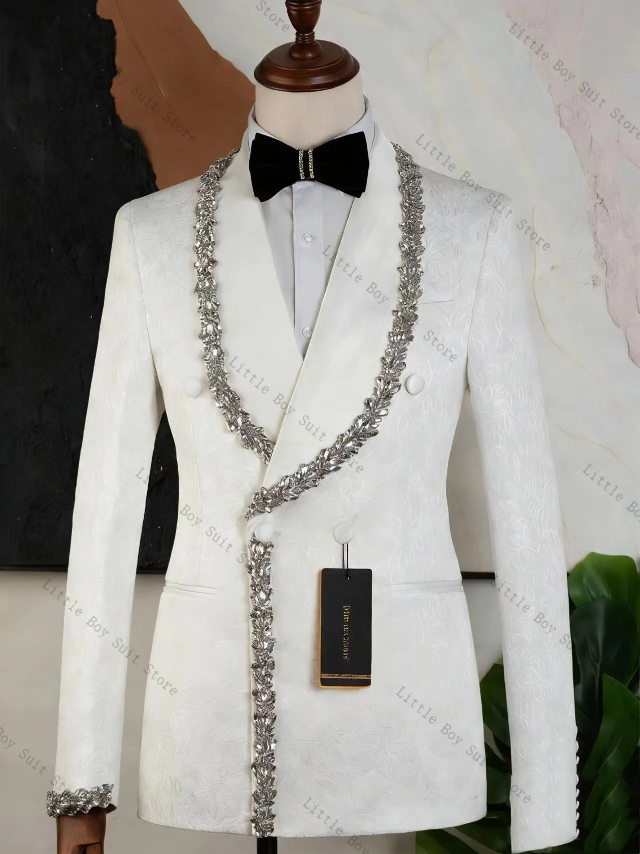 

Crystals White Men Suit Set 2 Pieces Jacket Blazer+Pants Trousers Cotton Wedding Tuxedo Formal Office Party Coat Customized