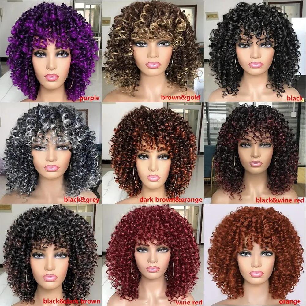 Krótka peruka Afro Kinky Curly Syntetyczne peruki dla kobiet Moda Pełna peruka z grzywką Afrykańskie kobiety Włosy Peruka Brazylijski Fantazyjny