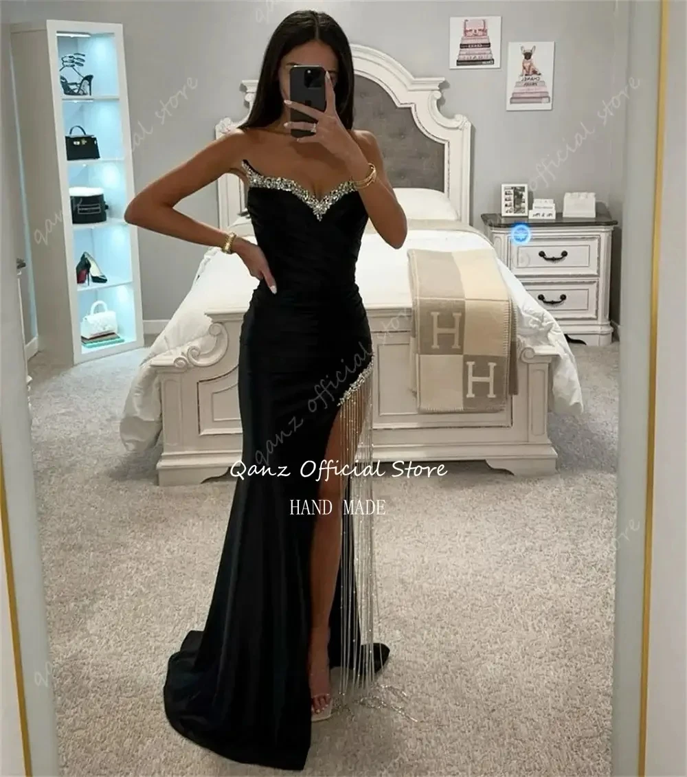 Qanz Black Sparkle Prom Dresses Customized Satin High Leg Slit Evening Gown Mermaid Luxury Tassels Corset Sukienki Na Studniówkę