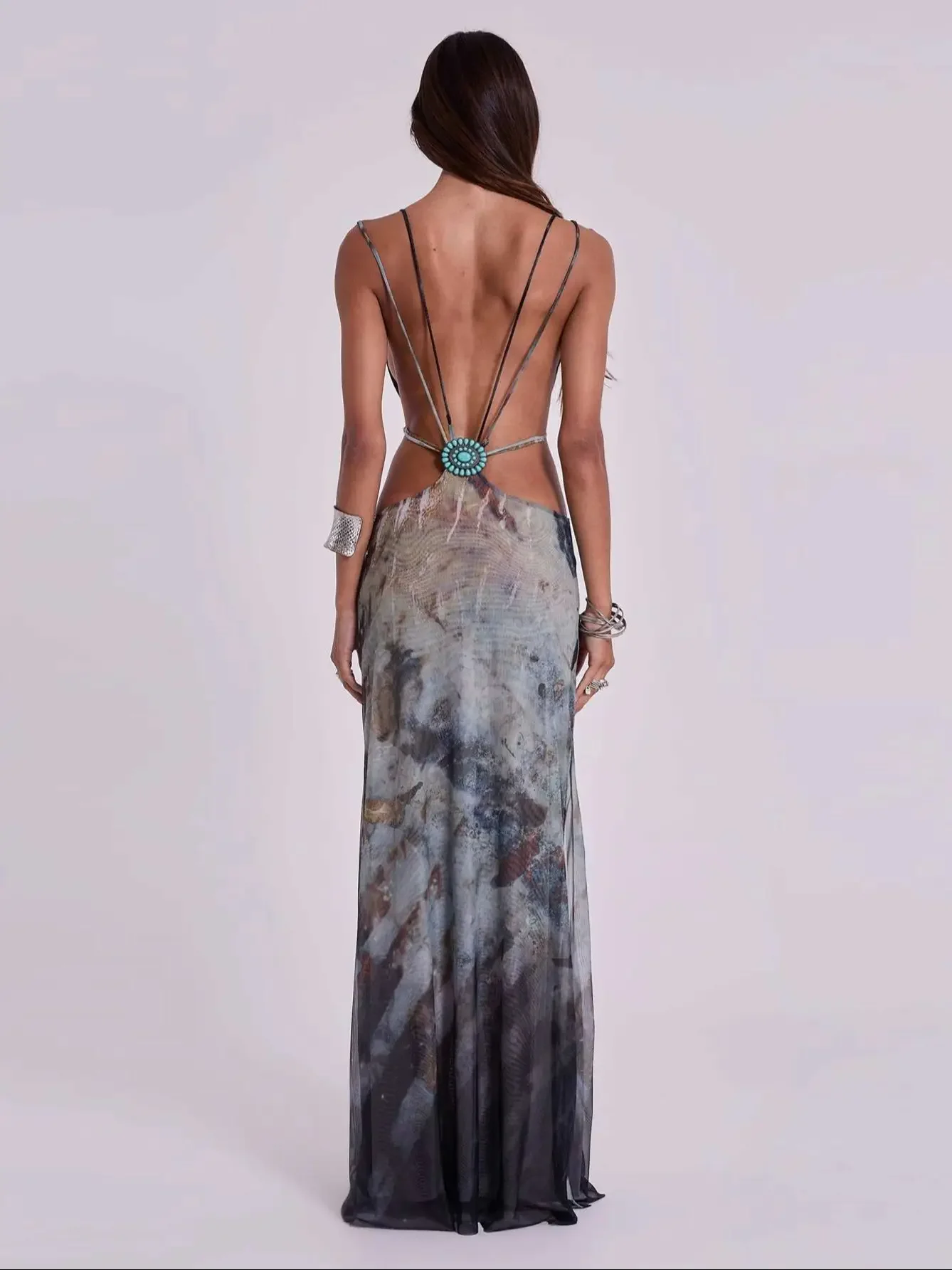 

V Neck Long Dress Women Summer Party Cut Out Slit Dresses Ruched Print Cover Up Maxi Vestidos Holiday Beach Robe