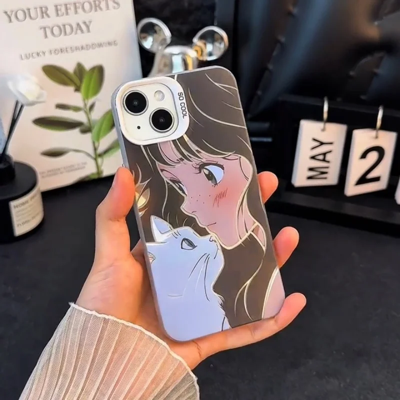 Cute Cartoon Girl Cat Phone Case for Samsung Galaxy S22 S23 S24 S25 S26 Ultra Plus for iphone 17 16 15 Pro Max Kitten Cover