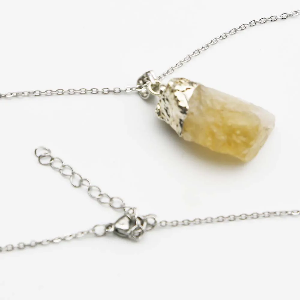 Natural Raw Ore Topaz Irregular Pendant Yellow Crystal Plating Silver Stainless Steel Chain Necklace DIY Jewelry Accessories6Pcs