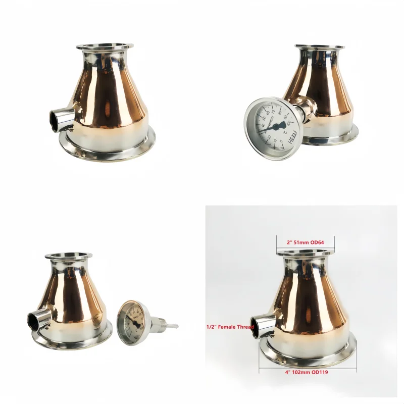 4 Inch X 2 Inch / 3 Inch X 2 Inch, Tri Clamp Copper Reducer With 1/2' (DN15) Thermometer Connector for Distillation, Concentric