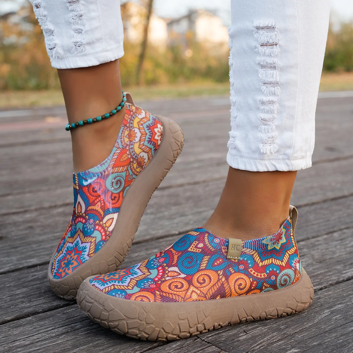 Boho-Slipper mit Blumenmuster für Damen, atmungsaktiv, rutschfest, flache Sohle, täglicher Komfort, Outdoor-Walking, Freizeitschuhe – Detail 4
