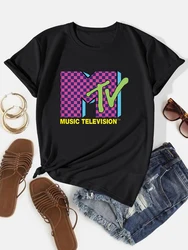 Music Television  80's Neon Pink Checkerboard Logo t-shirt t-shirts Tshirts For Women Round neck printing womens t shirts