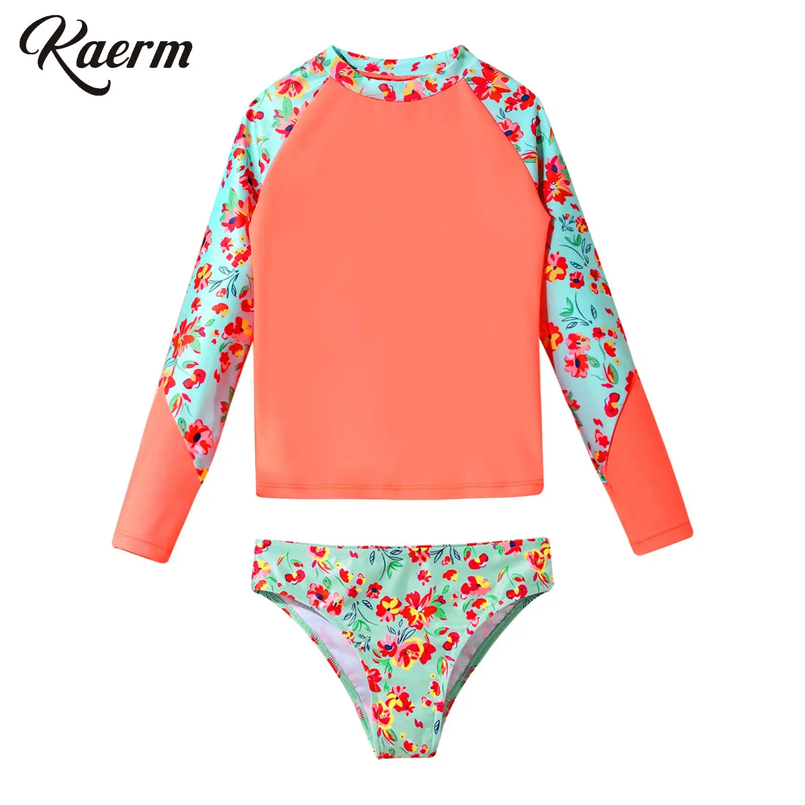 Kids Girls 2 Pcs Tankini Floral Printed Upf 50+ Rashguard Shirts with Triangle Brief Beach Bikini Bathing Suit Surfing Swimwear