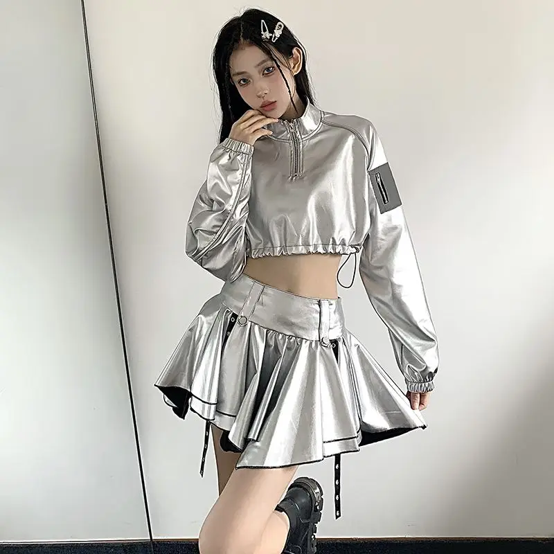 

Two-Piece Silver Half-Zip Pullover Short Drawstring Sweatshirt High-Waisted Skirt Women 2024 Autumn Winter New Design Suit