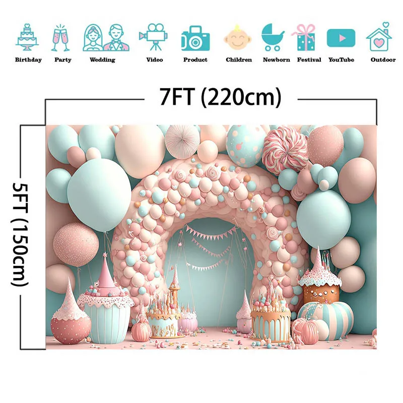 خلفية التصوير الفوتوغرافي الحلوى الوردية بالون كعكة القلعة استحمام الطفل فتاة 1st حفلة عيد ميلاد كعكة سحق خلفية استوديو الصور