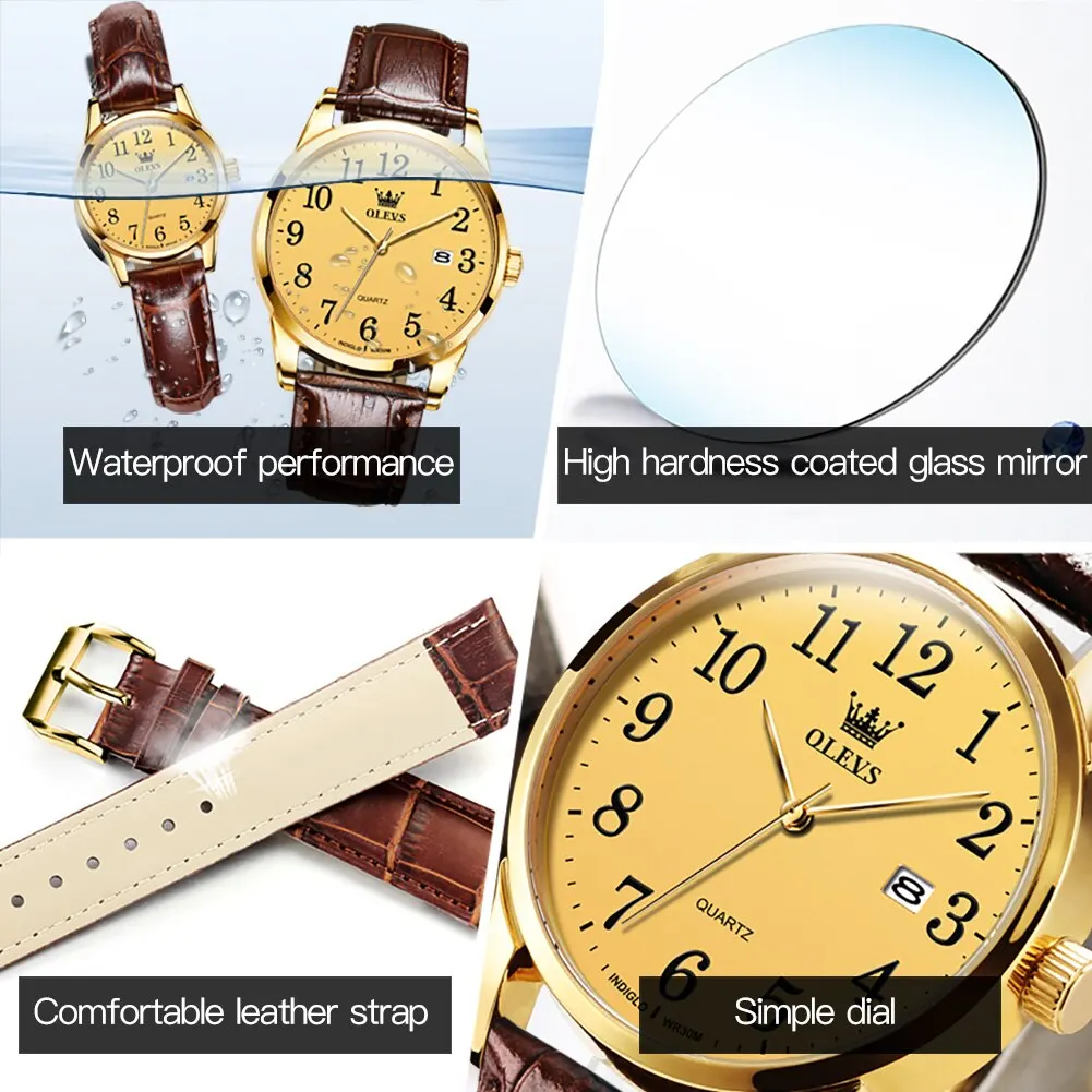 OLEVS Classic Quartz Watch for Men Brown Leather Strap Watch With Date Feature Digital Dial Waterproof Business Man Wristwatch