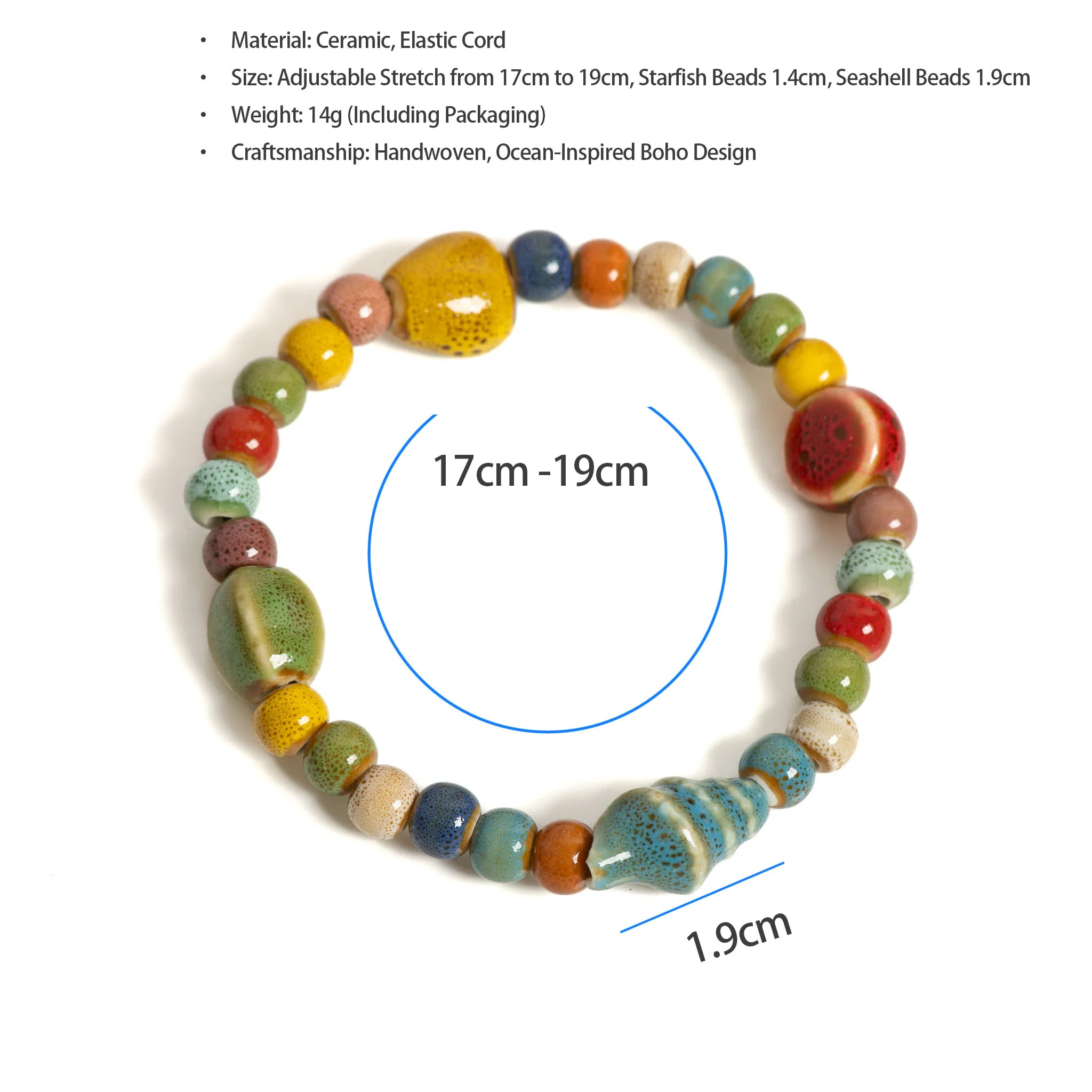 Handmade Colorful Starfish & Seashell Ceramic Beaded Bracelet Boho Beach Jewelry Elastic Wristband for Women & Teens S001186 image 6
