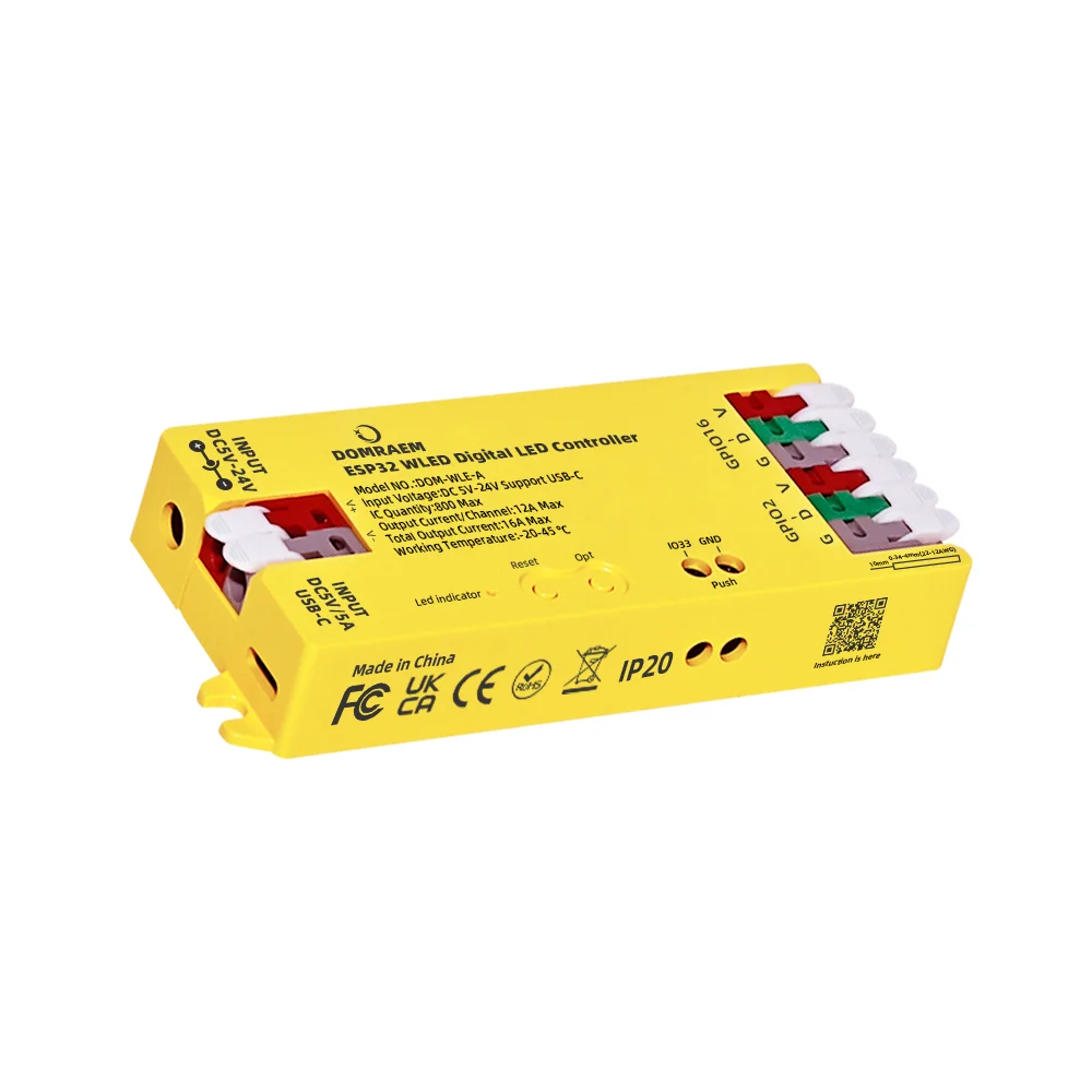 DOMRAEM ESP32 USB-C WLED Digitaler LED-Controller RGB IC DIY APP 16A Sicherung Funktioniert mit HA/MQTT/Alexa WS2811/12/12B/14/05 Sk6812 Streifen