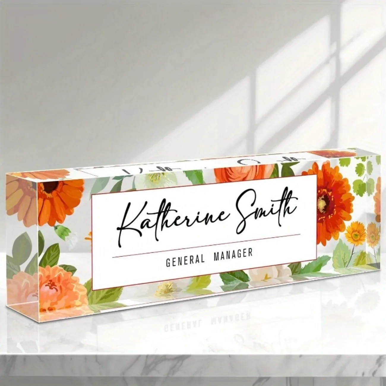 Individuelles Acryl-Schreibtisch-Namensschild mit Sonnenblumen-Blumendesign Büro-Schreibtisch-Dekoration (Nur Dekoration)