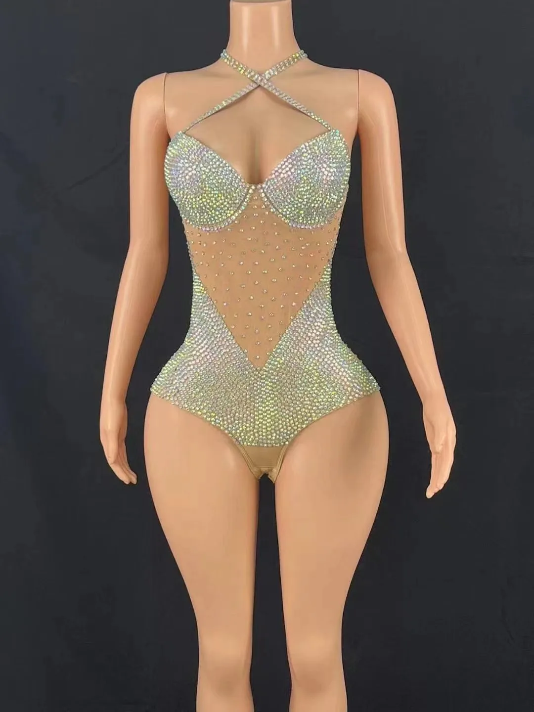 Huidskleur jumpsuit volledige diamant gogo bar bal feest diner jurk verjaardag luxe flash