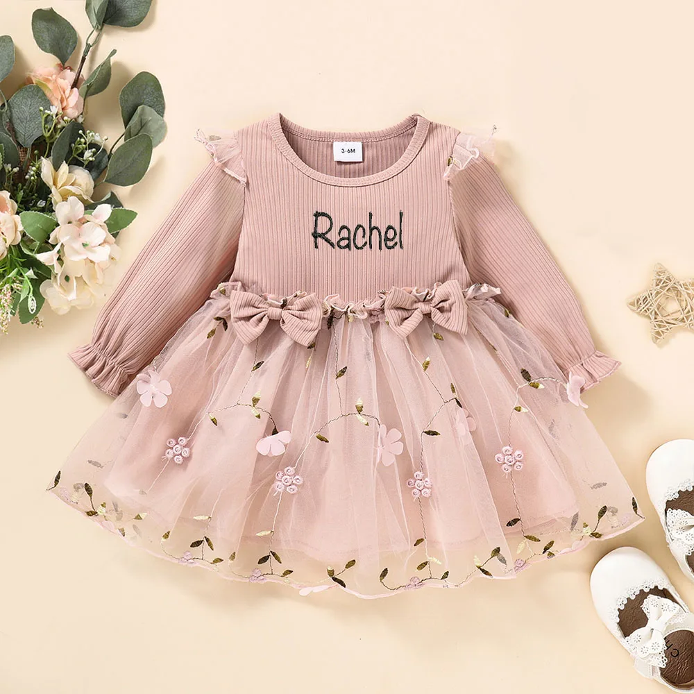 Personalized Embroidery Customized Spring and Autumn New European and American Children\'s Wear Mesh Girl\'s Long sleeved Dress