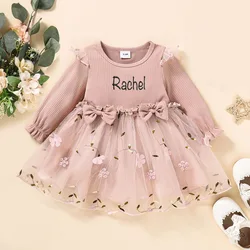 Personalized Embroidery Customized Spring and Autumn New European and American Children's Wear Mesh Girl's Long sleeved Dress