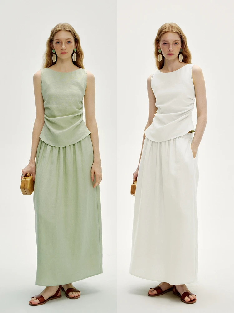 

Elegant White Linen Sleeveless Top And Skirt Set Women's Summer Fashion Casual Loose Wear Cold Tone Half Skirt Ensemble