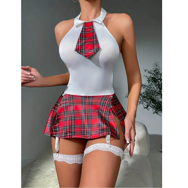 Cosplay Student Outfit Backless vestito a scacchi intimo Set Lingerie erotica Sexy da donna Club Nightwear