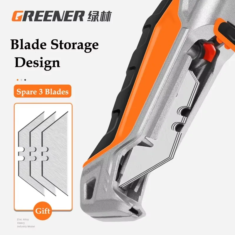 Greener SK5 Utility Knife Zinc Alloy Grip Triple Retractable Design 3 Blades Free Industrial Grade High Efficiency Cutting Tools