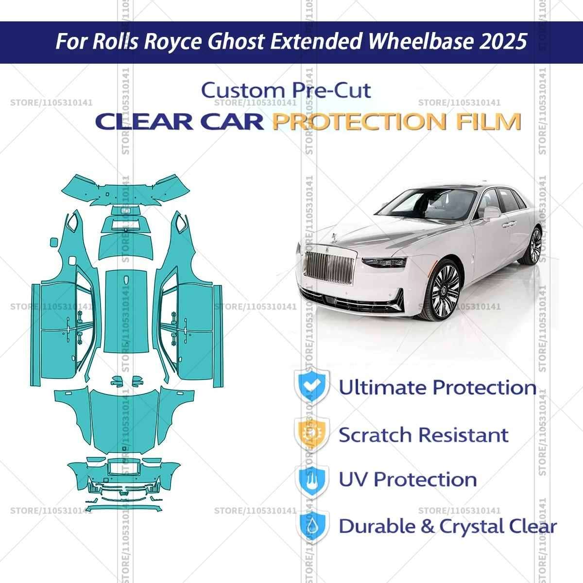 

Защитная пленка PPF для Rolls-Royce Ghost (удлиненная колесная база) 2025 года, прозрачная, предварительно вырезанная, автомобильная пленка PPF