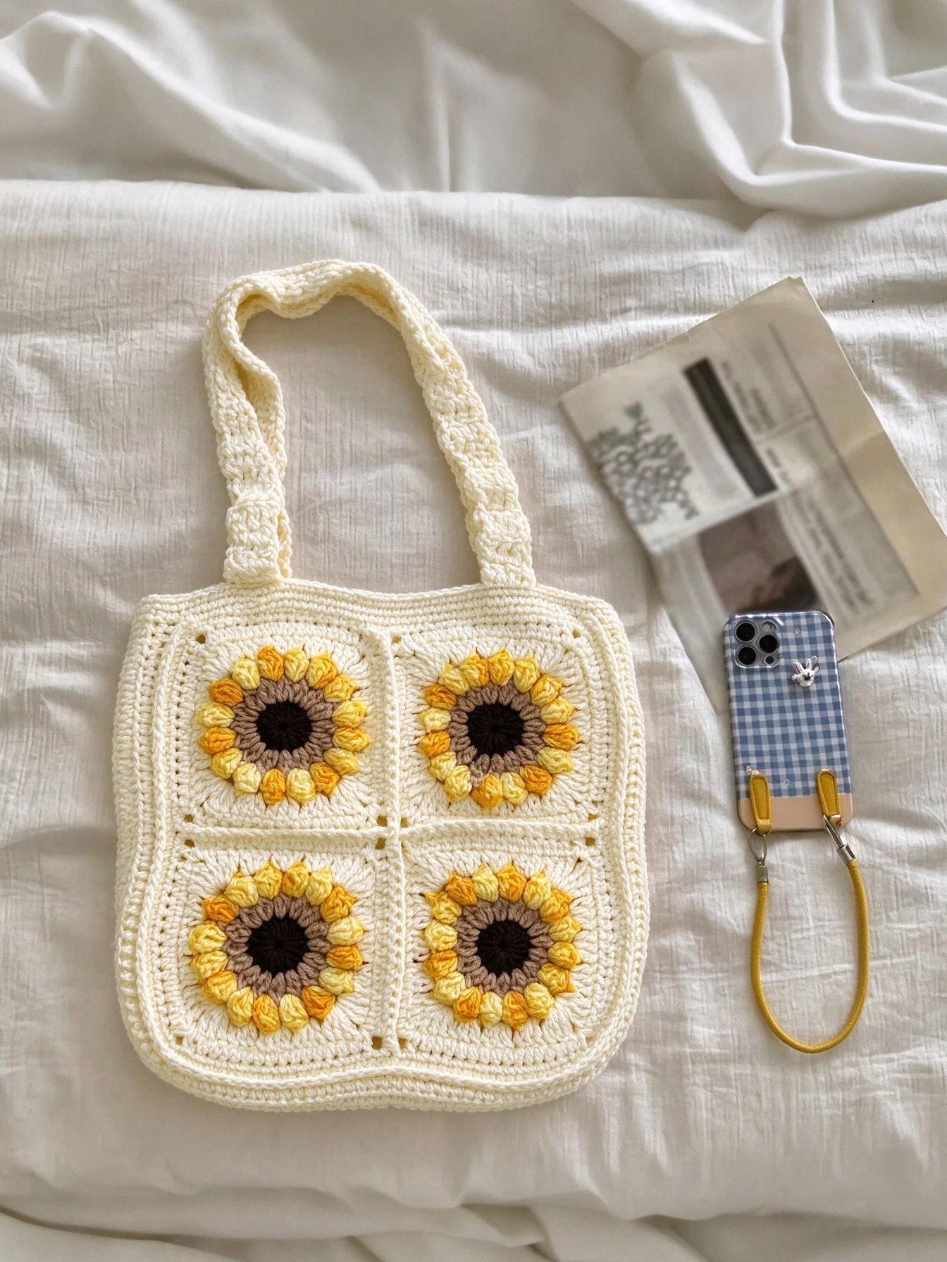 Women's Sunflower Granny Square One-Shoulder Bag Boho Handmade Crochet Tote Bag Large Capacity Handbag Shopping Bag