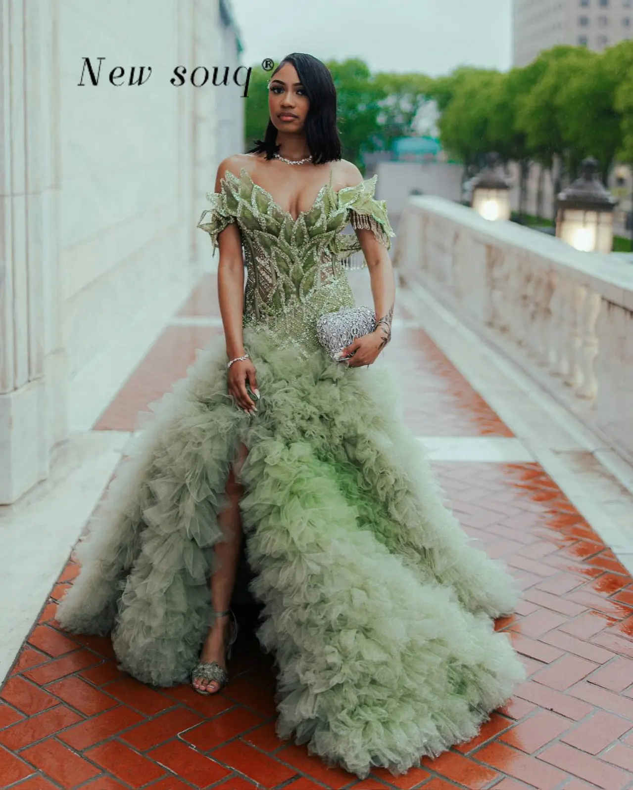 

Африканские зеленые вечерние платья без бретелек с разрезом, на заказ, с многоярусными оборками, больших размеров, для выпускного вечера 2026 года, для темнокожих девушек
