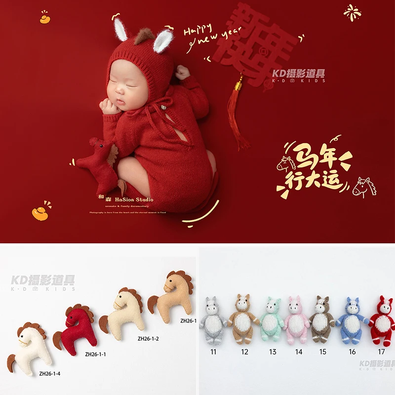 Newborn Photography Props 2026 Year of the Horse Knitted Pony Doll Baby Photoshoot Stuffed Animal Prop for Studio Shooting