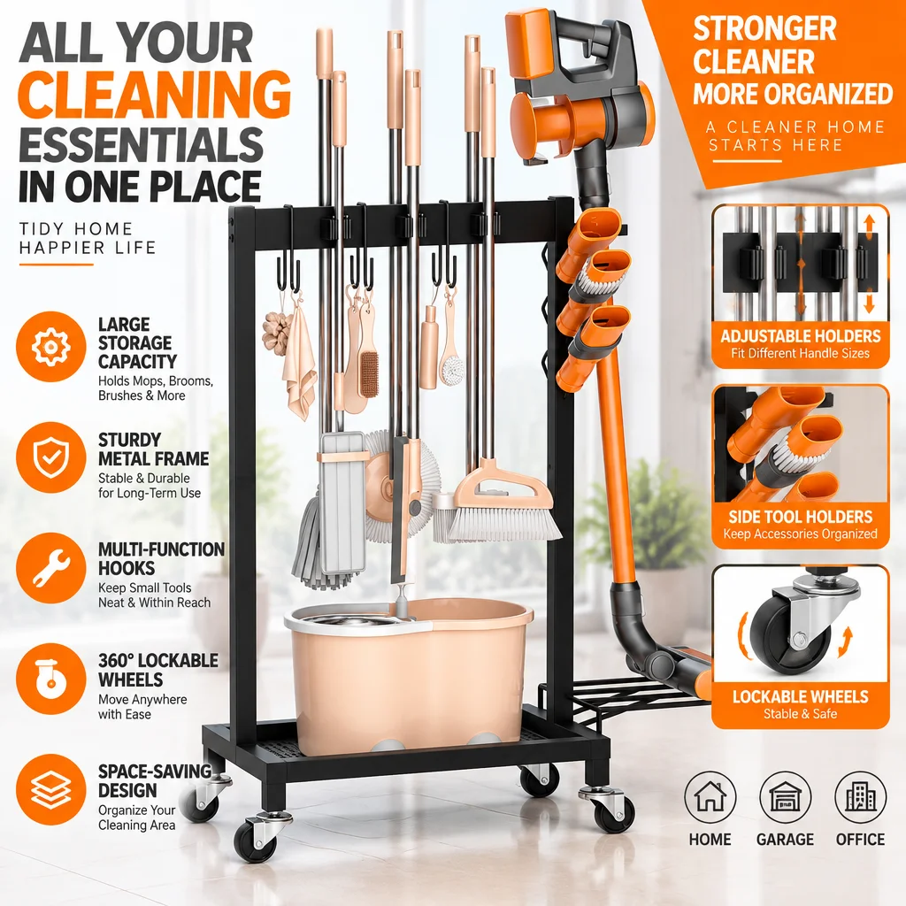 1/2SET Broom Holder Cleaning Supplies Organizer with Mop Hanger and Vacuum Storage No Wall Mount Needed