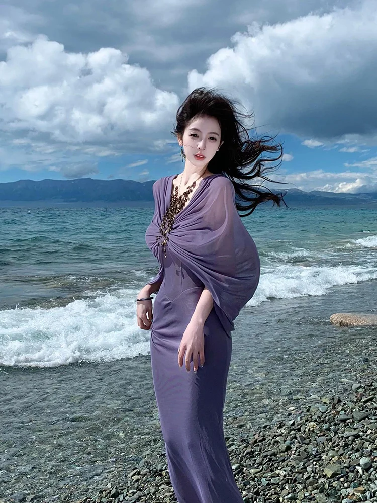 

XZY Ele Purple Strapl Dr Женская летняя длинная одежда с высокой талией Dr Sli больших размеров Faion Tourist Wear