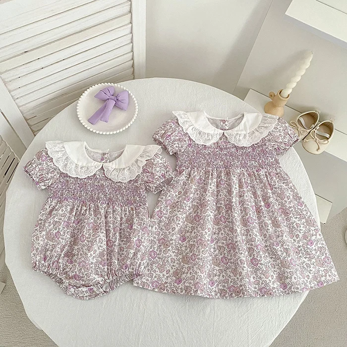 2026 Neue Sommer-Schwesterkleidung 2-6 Jahre Baby Mädchen Partykleid Kurzärmeliges Baumwoll-Blumendruck Kinder Prinzessinnenkleid – Detail 5