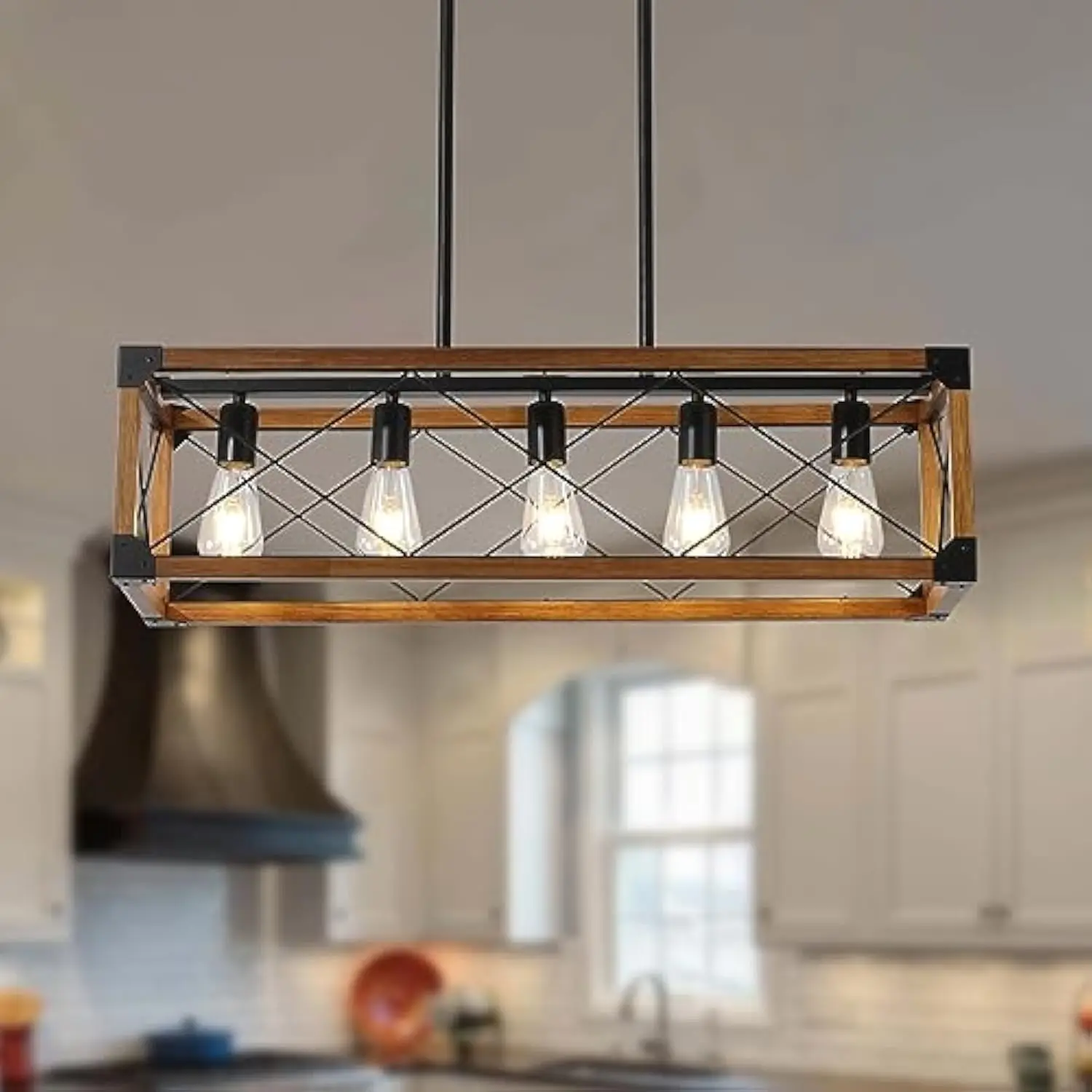 

Dining Room Light Fixture, Farmhouse Chandelier, Kitchen Island Lighting, Rustic 5 Light Pendant Chandeliers, Country Wood Isla