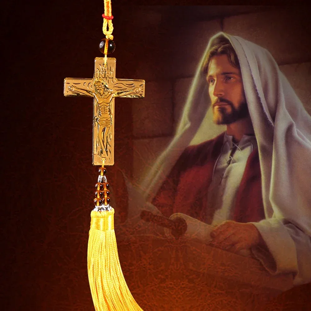 Car Pendant Crystal Jesus Christ Cross Christianity Auto Interior Rearview Mirror Decoration Hanging Ornament Accessories Gifts