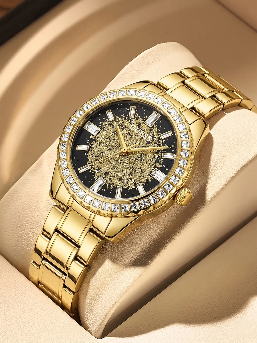 Reloj de Pulsera Elegante para Mujer GUESS, Bisel de Cristal Dorado, Esfera Brillante, Resistente al Agua, Reloj de Cuarzo, Esfera Brillante con Diseño de Estrellas, Regalo para Fiestas