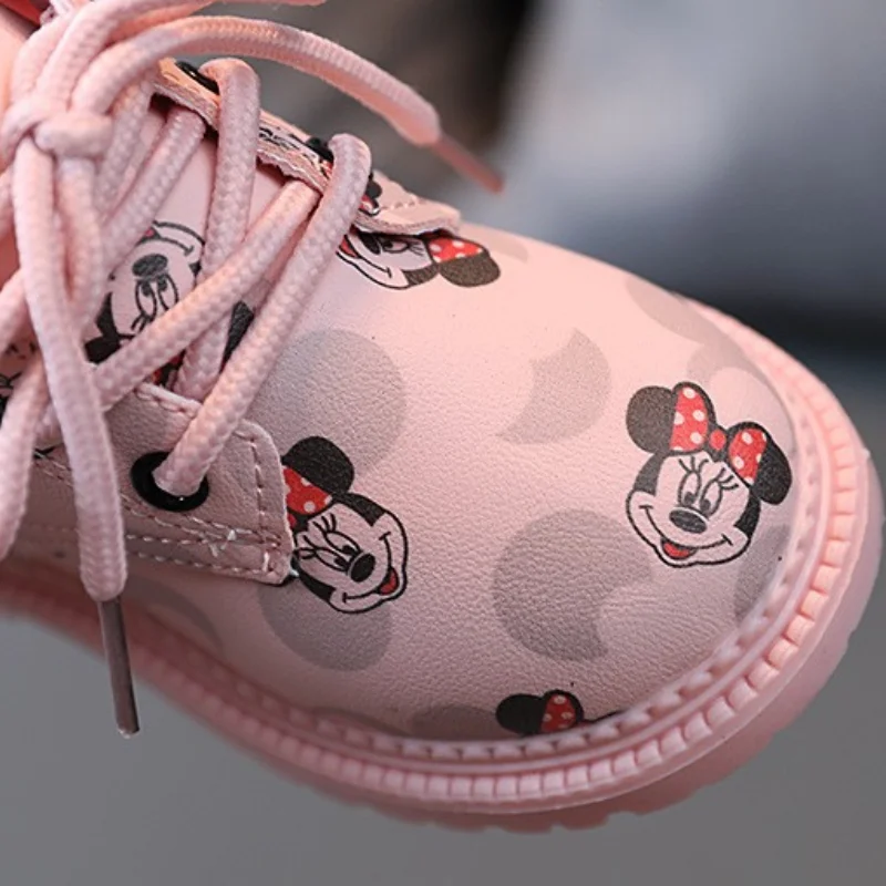 Disney Girls Boots Kids Fashion Rubber Boots Cool Girl Autumn Soft Sole Pink with Cute Minnie Side Zip Princess Round-toe PU