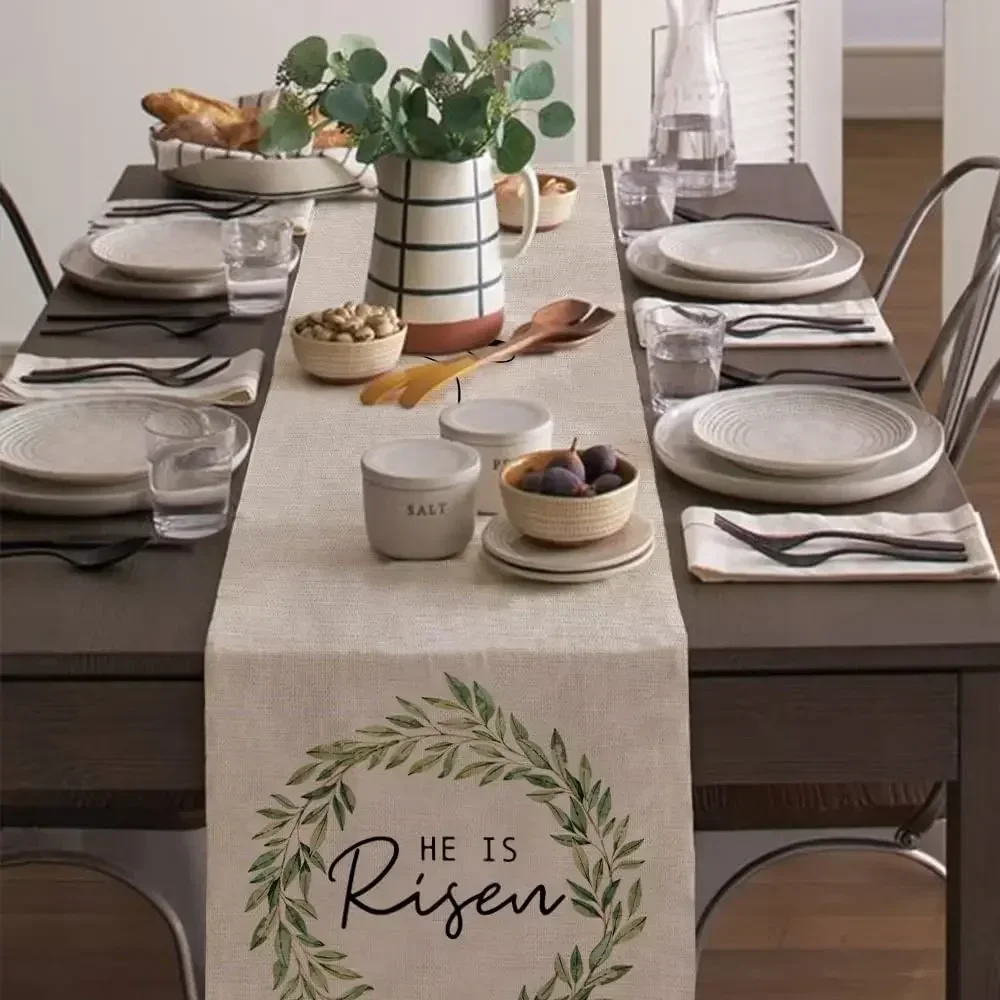 Easter He Is Risen Linen Table Runner Wedding Decoration Spring Dining   Farmhouse Theme Gathering Party