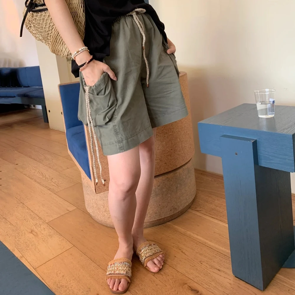 100% algodão bolso decoração shorts femininos y2k cordão cinto retro lavado commuter versátil calças de cinco pontos 2025 outono