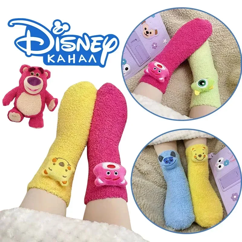 Disney Lotso Socks Girls Cute Plush Socks Winter Thickened Mid-calf Socks Versatile Sleep Sock Pooh Bear Anime Sleeping Floor