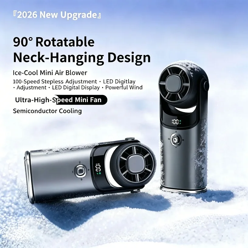 2026 Mini Ice Cooling Handheld Fan Semiconductor Turbo 100 Speed 3600mAh Rechargeable LED Display Portable Aluminum Neck Desktop