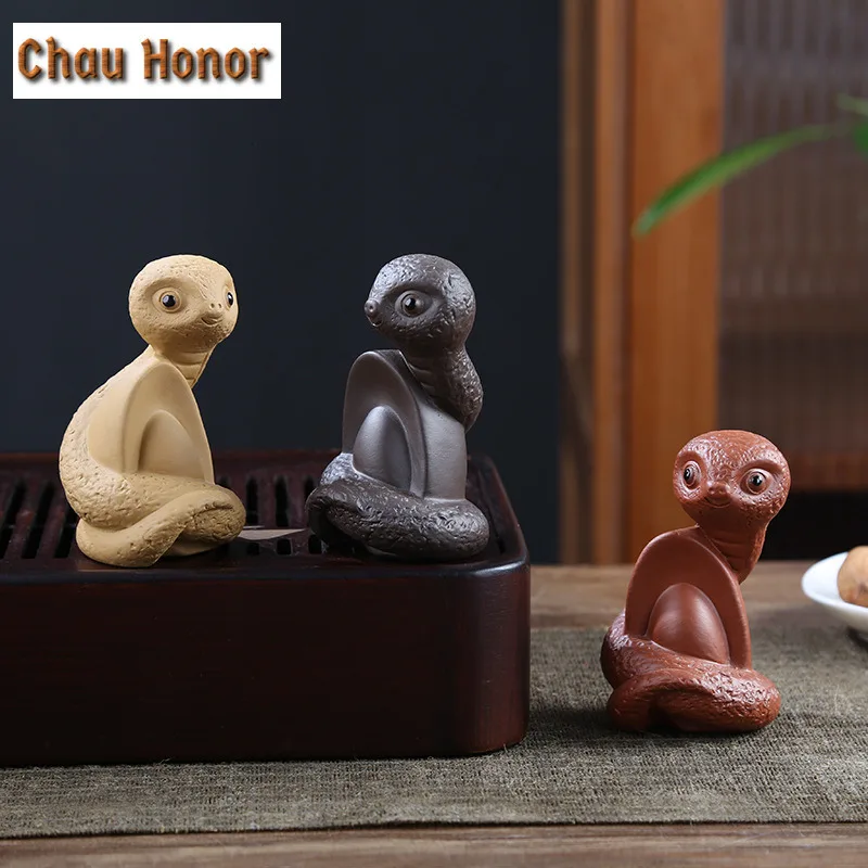 1pc Yixing Purple Clay Tea Pet Decoration Handmade Snake Tea Ceremony Accessories Creative Zisha Luck Animal Sculpture Ornaments