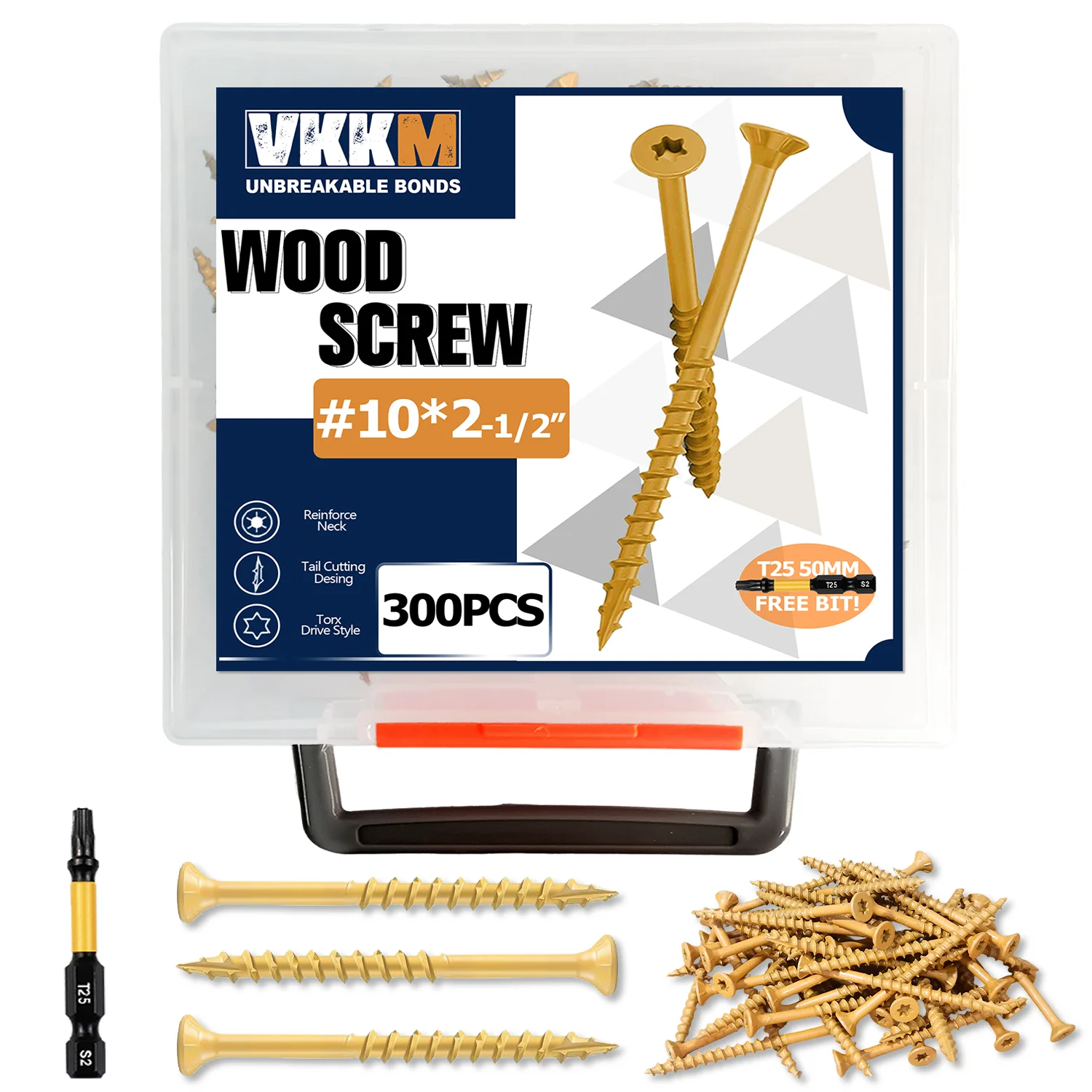 

VKKM 300Pcs #10 x 2-1/2" Wood Screws Epoxy Coated, Rust Resistant, Self Tapping, High Strength with T25 Bit for Outdoor Decking