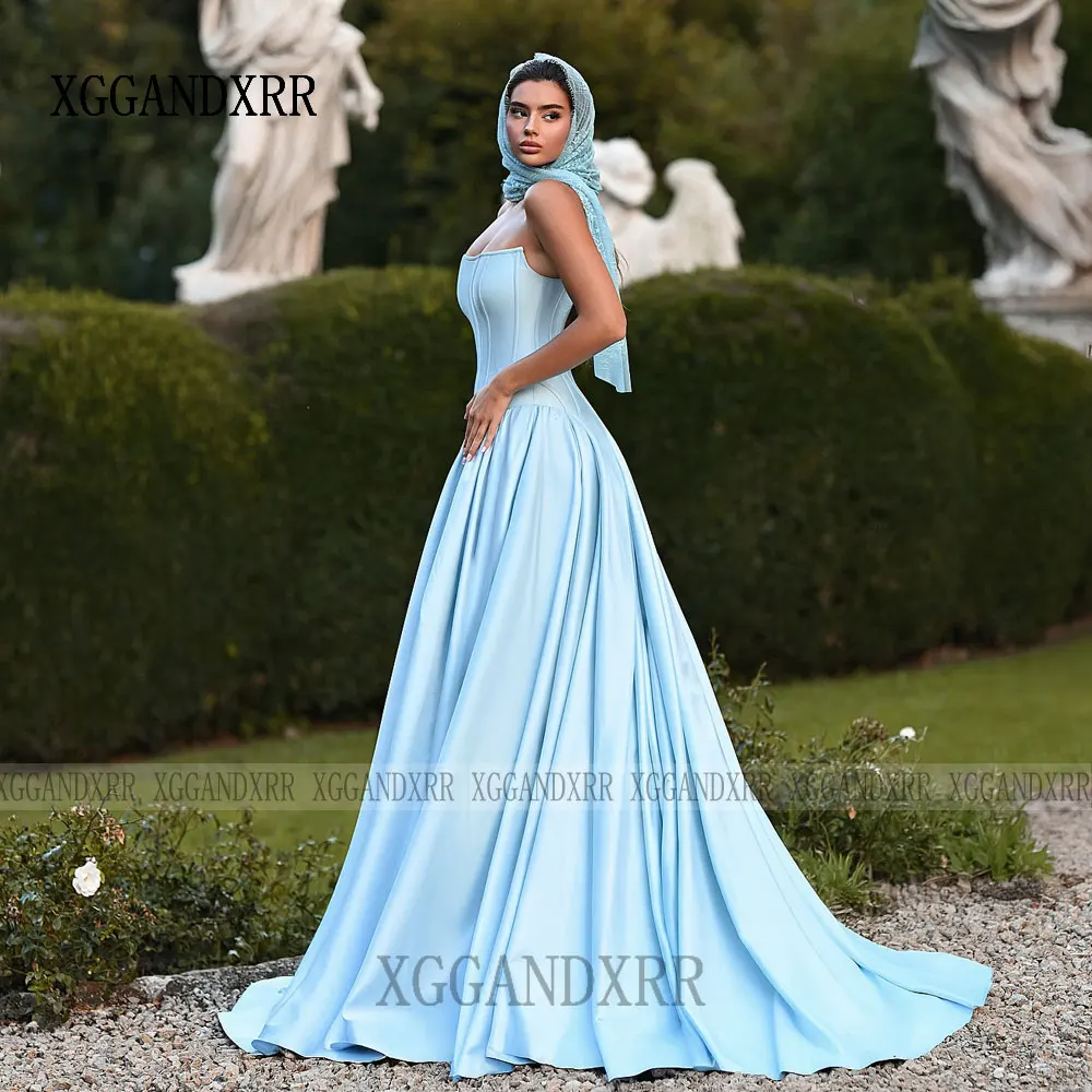Elegant Sky Blue A Line Prom Dress 2026 Sexy Strapless Boned Satin Skirt Long Evening Party Gown Saudi Arab Woman Formal Wear
