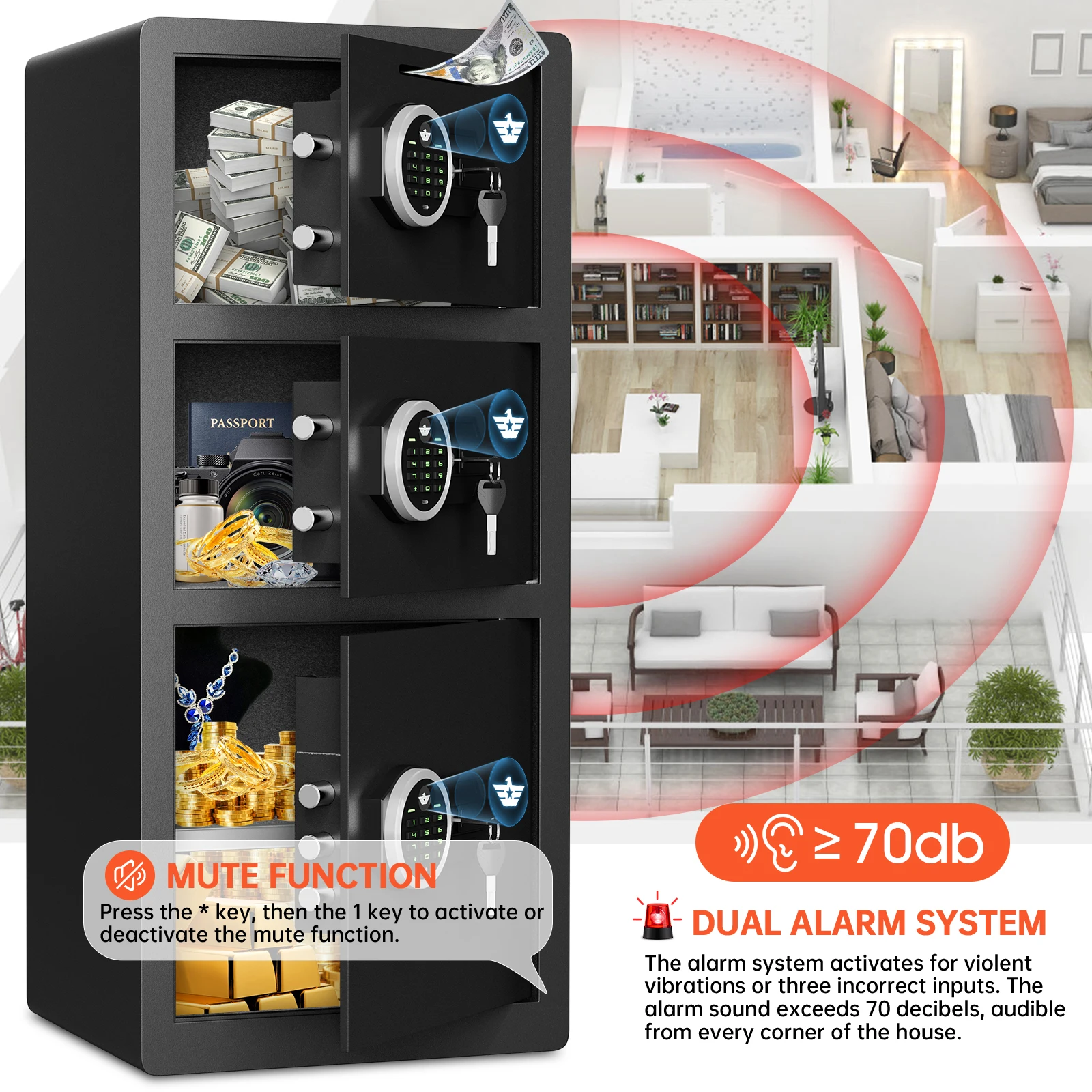 8.0 Cub Extra Large Home Safe Box Fireproof Waterproof with 3 Door, Digital Safe with Quick Access Deposit Slot