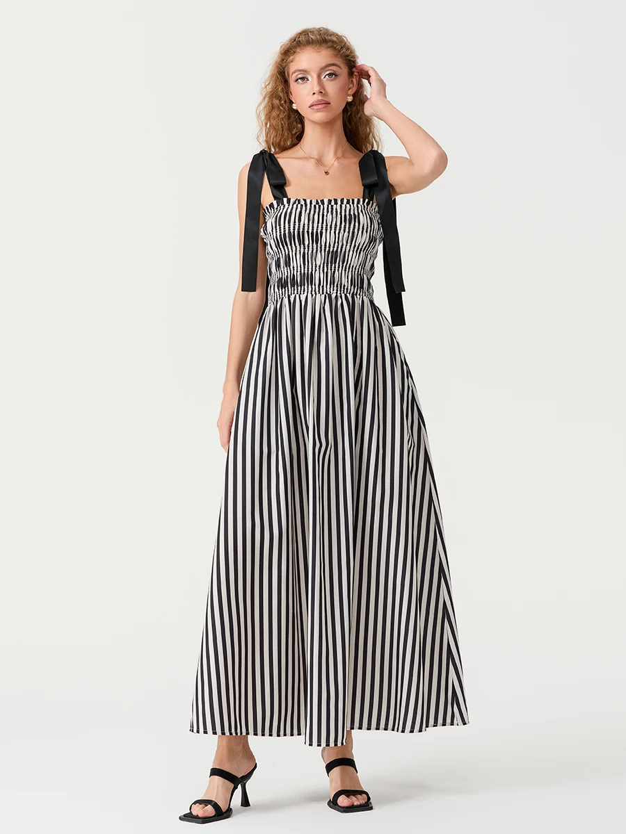 New Fashion Womens Stripe Print Cami Dress Tie Spaghetti Strap arricciato dettaglio Backless Long Flowy Dress con tasche S M L