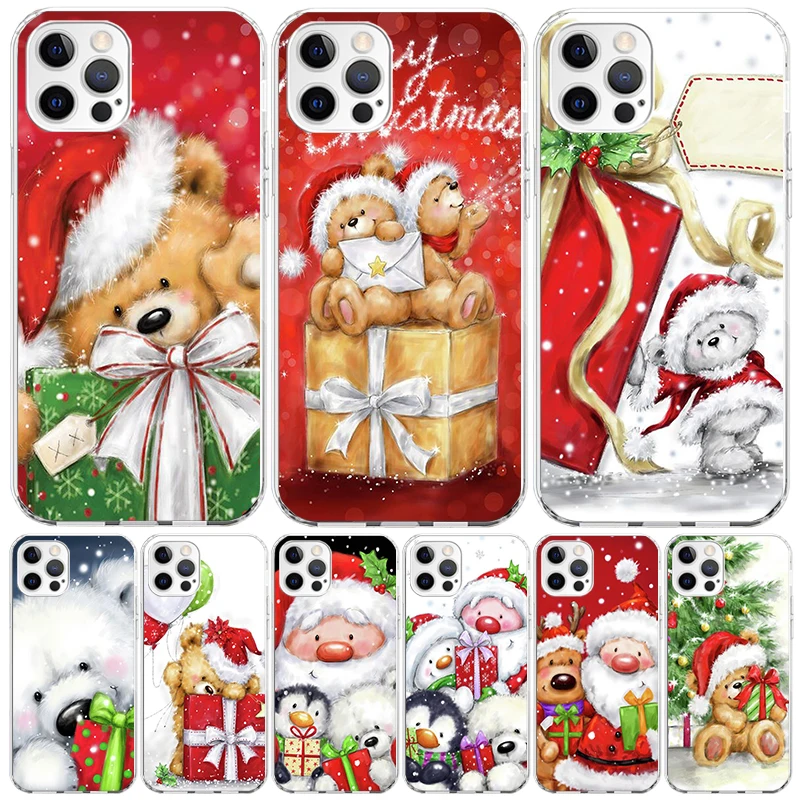 Happy Christmas Cute Bear Gift Phone Case For Apple Iphone 11 12 13 Mini 14 15 16 Pro Max 7 Plus X XS XR SE Art Customized Coque