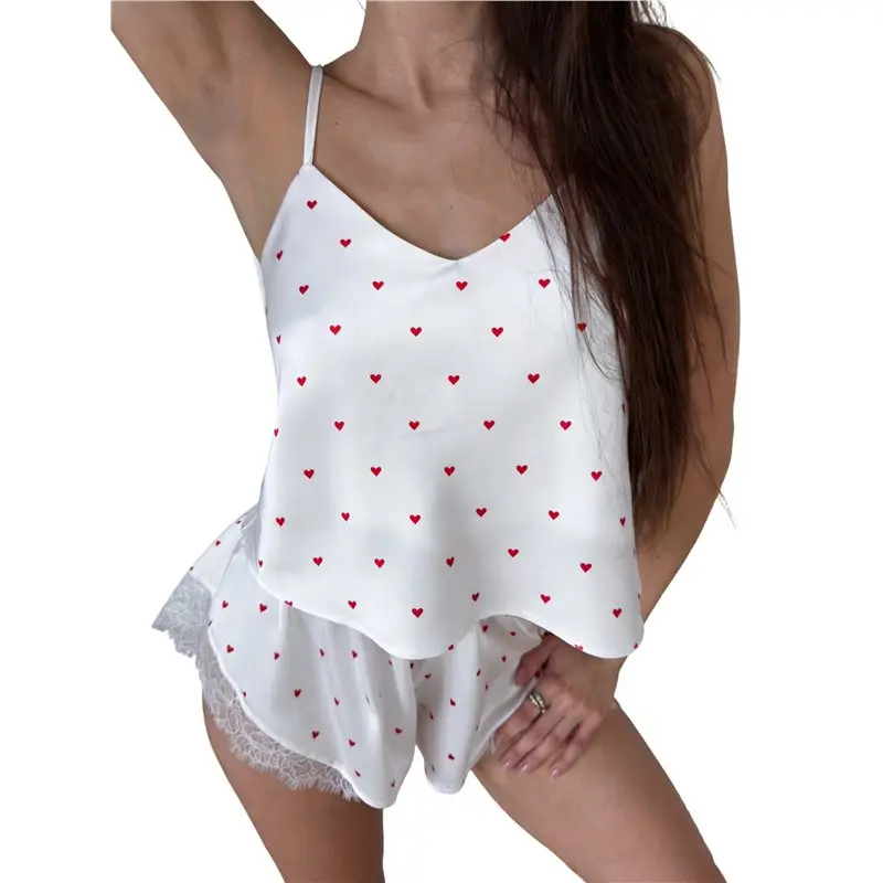 NEW-Women's Printed V Neck Spaghetti Strap Top & Lace Trim Shorts Two Piece Set Printed Heart S