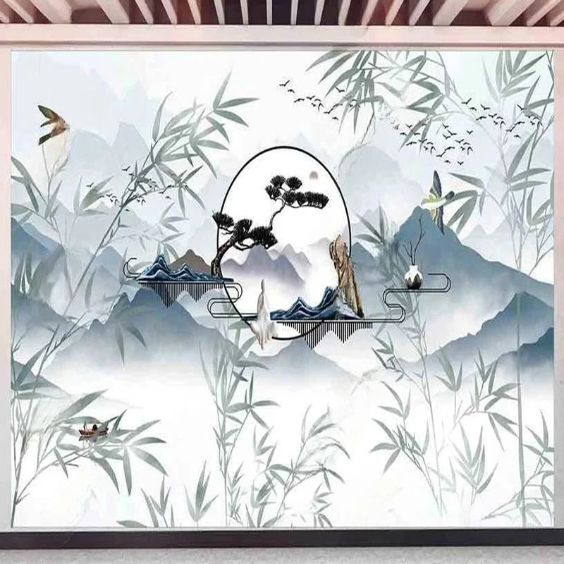 Chinese Style Custom Photo Mural Pine Tree Bamboo Leaf Art Decor Painting Background For Living Room TV Sofa Bedroom Backdrop