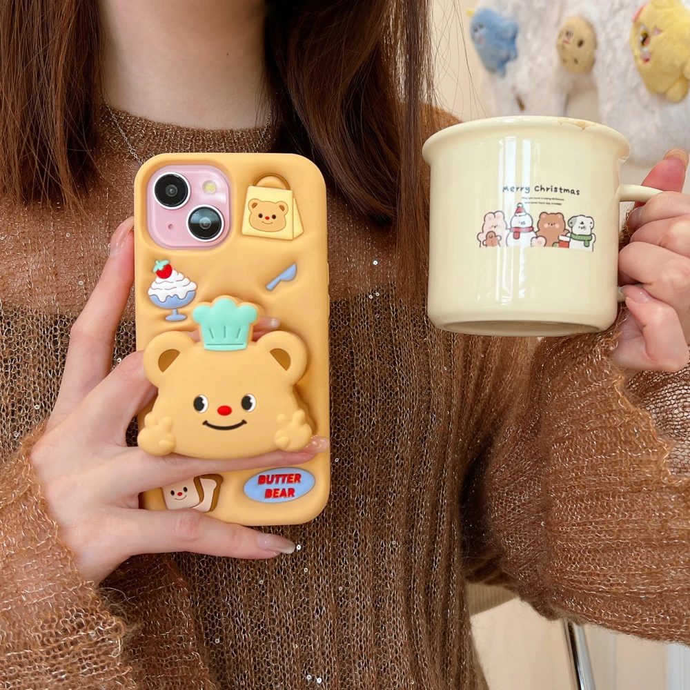 3D Cute Cartoon Baker Bear For iPhone 12, 13, 14, 15, 15Promax, Soft Silicone Case, Cell Phone Back Cover, Shockproof Protector