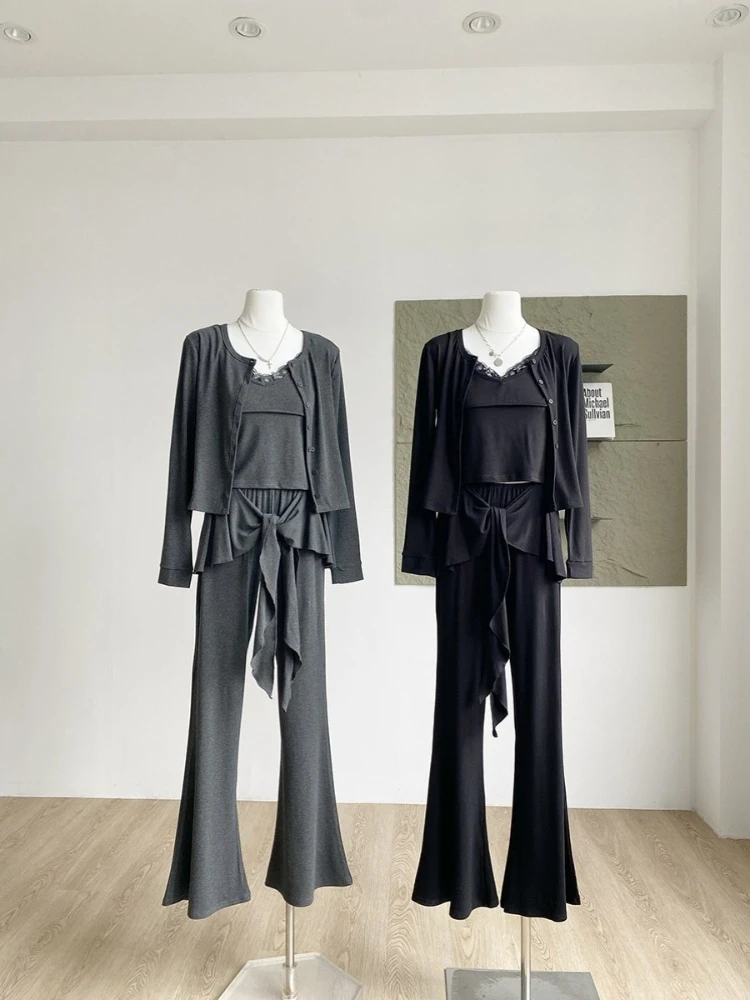 

Fashion solid color two-piece set spring new Korean version long sleeved cardigan+tank top+micro flared pants casual set